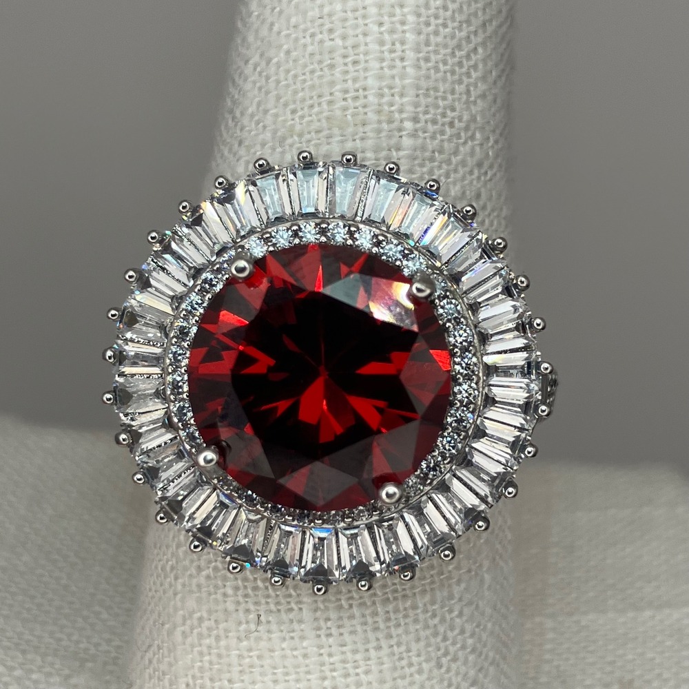 Elegant Bold Red Stone Ring Women 10 Cocktail Statement Baguette Halo Bling Glam